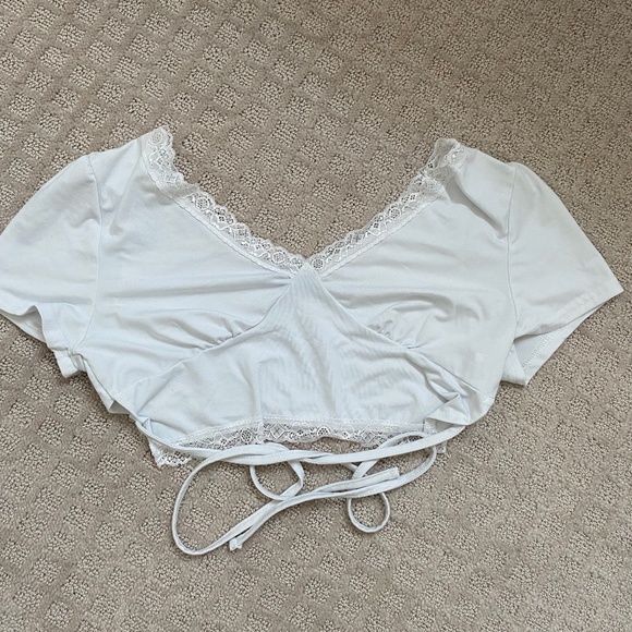 S White Crop Top With Lace and Tie Front - Picture 1 of 4
